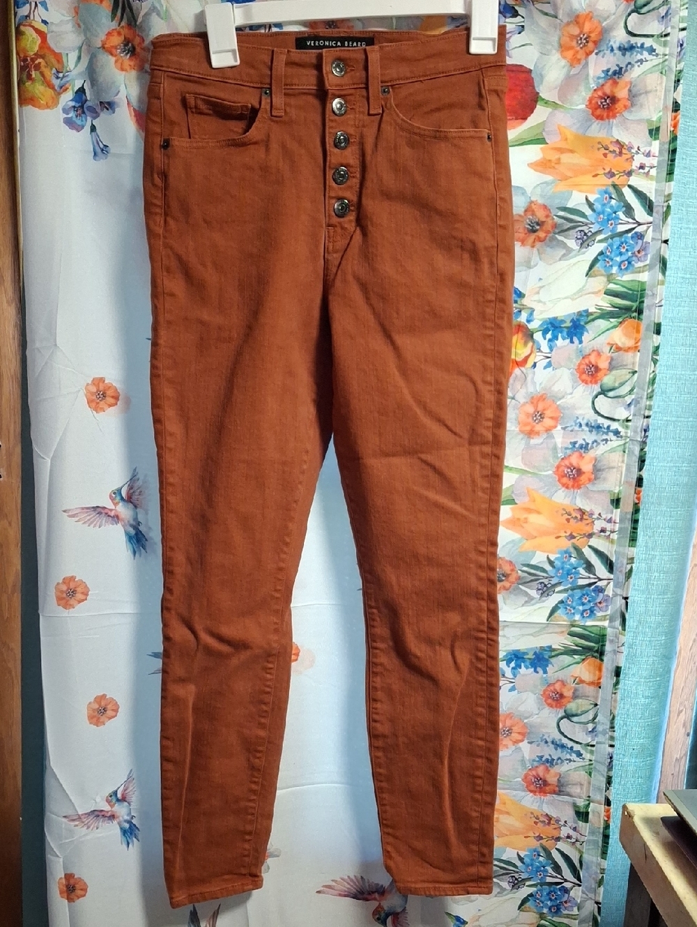 Veronica Beard High-Rise Button-Fly Jeans — Rust Orange Size 28